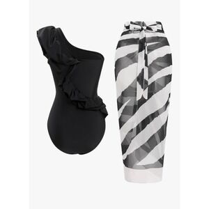 IDOPIP Womens One Piece Swimsuit with Sarong Wrap Skirt Black Zebra Size Small